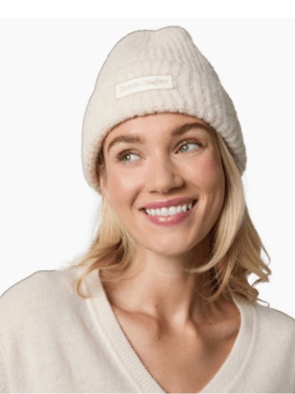 FAVORITE DAUGHTER Beanie NEW Logo Patch Rib in Ivory OS